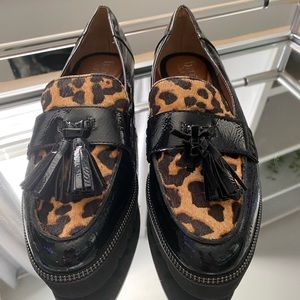 Franco Sarto patent leather/calf hair platform loafers. Women’s size 8.5.